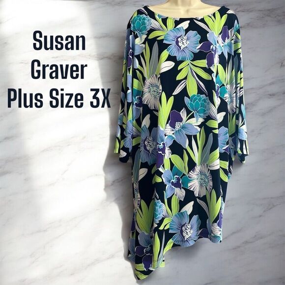 Susan Graver Tops - Susan Graver Bright Floral Blouse 3/4 Sleeve Top Asymmetrical Side Hem Plus Size